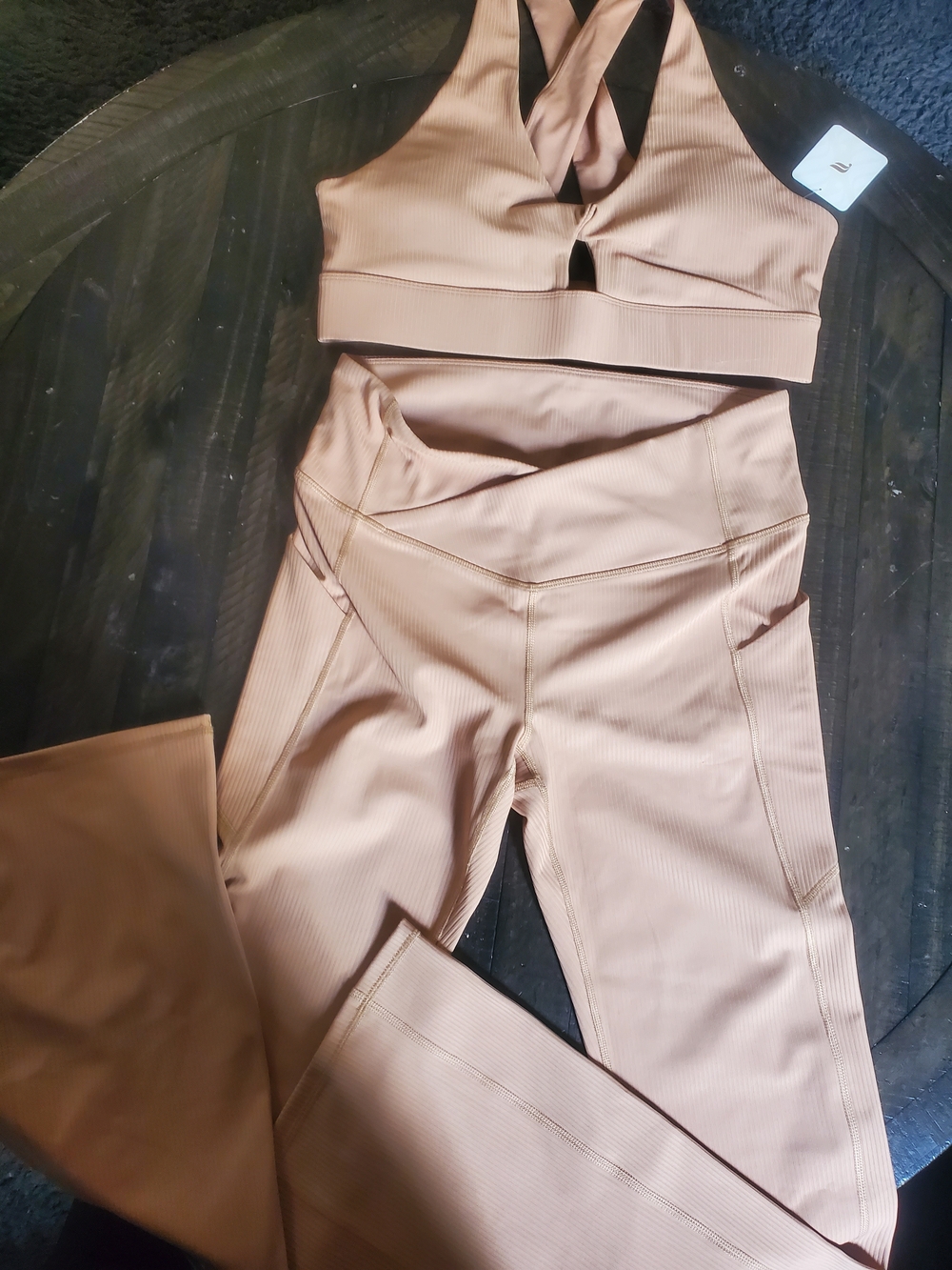 Fabletics Ribbed High-Waist Flared  Leggings and V-Back Sports Bra - Taupe